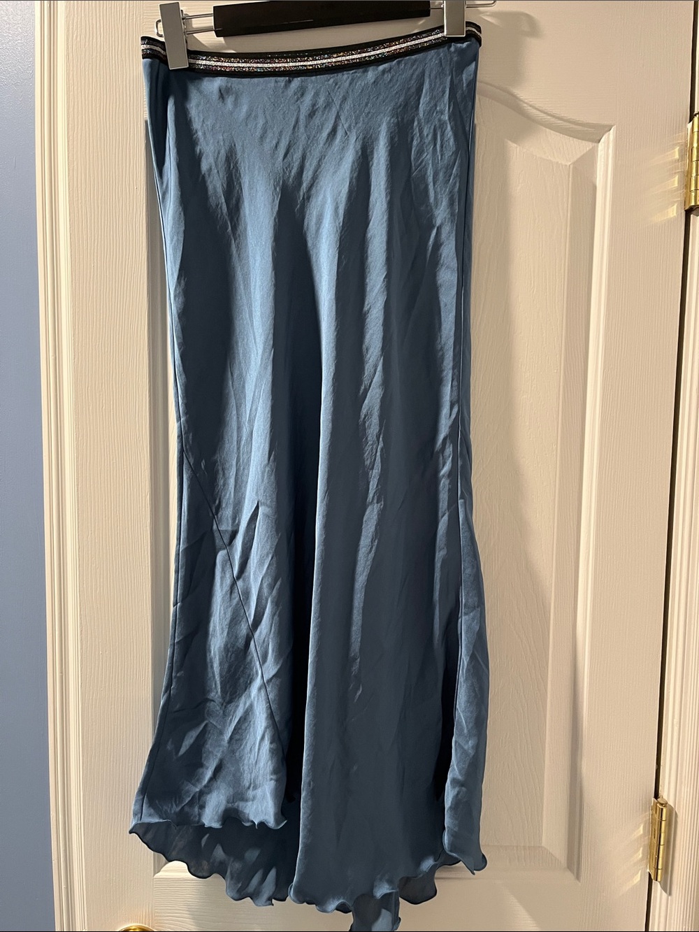 Light Blue Satin Maxi Skirt with Elastic Waistband